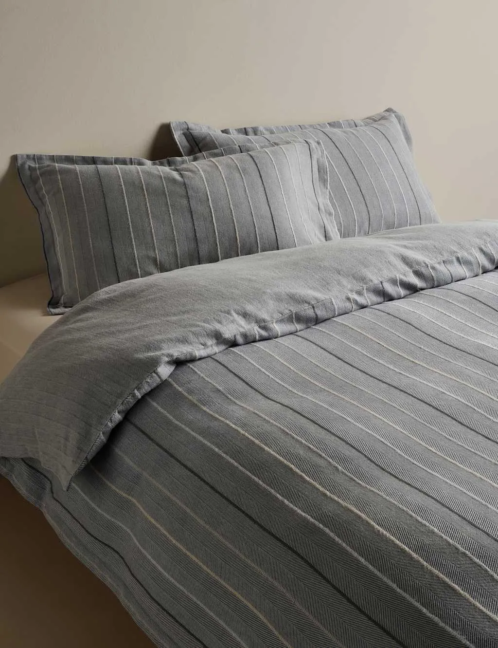 M&S Pure Cotton Herringbone Striped Bedding Set Charcoal Mix
