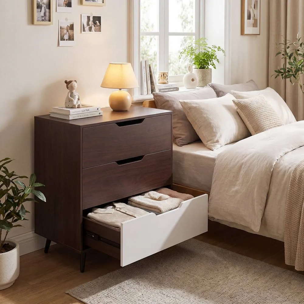 Costway Modern 3-Drawer Dresser Wooden Nightstand Metal Legs in Brown 5
