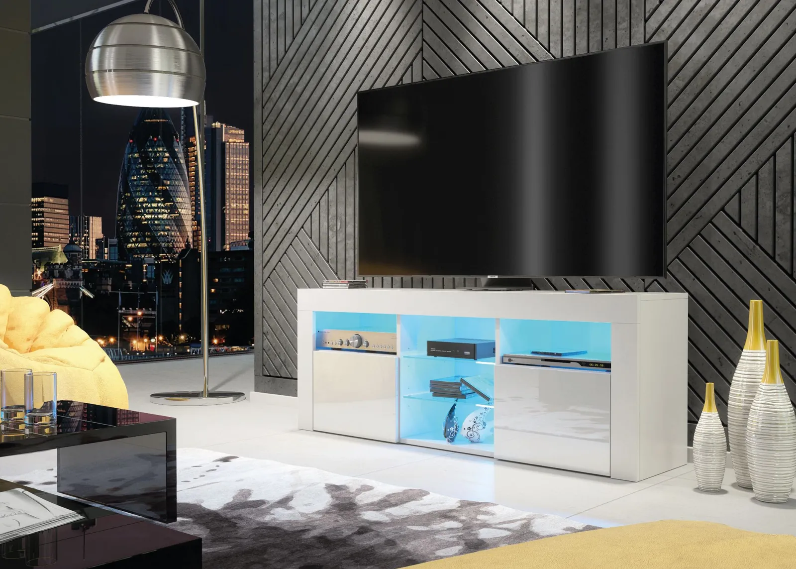 Creative Furniture Pulse TV Unit 145cm - A Stylish & Practical Cabinet with Gloss Doors & LED Lights in White 4