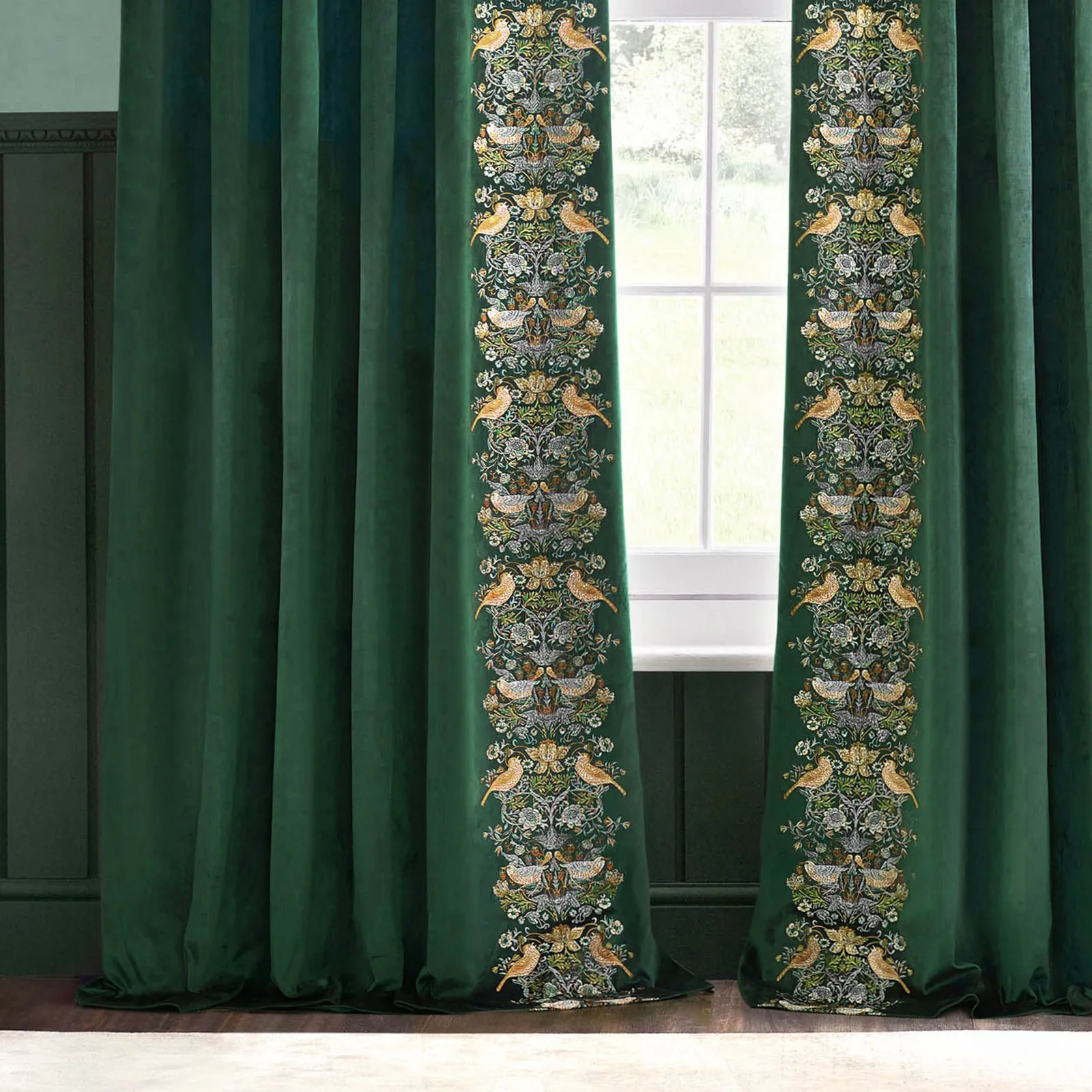 Morris & Co Strawberry Thief Embroidered Velvet Room Darkening Pencil Pleat Curtain Pair in Green 4