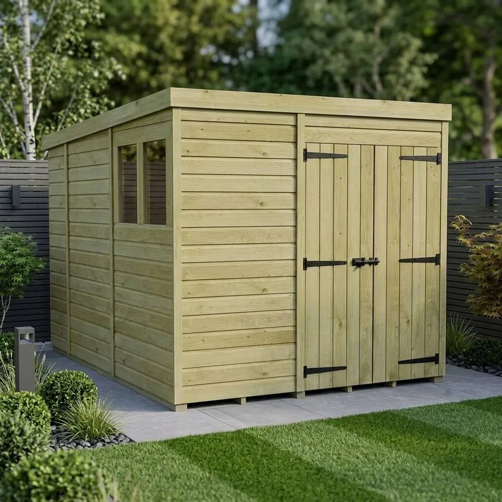 Buttercup Farm 7ft x 10ft Pent Garden Shed Double Door With Windows - Timber in Brown 2