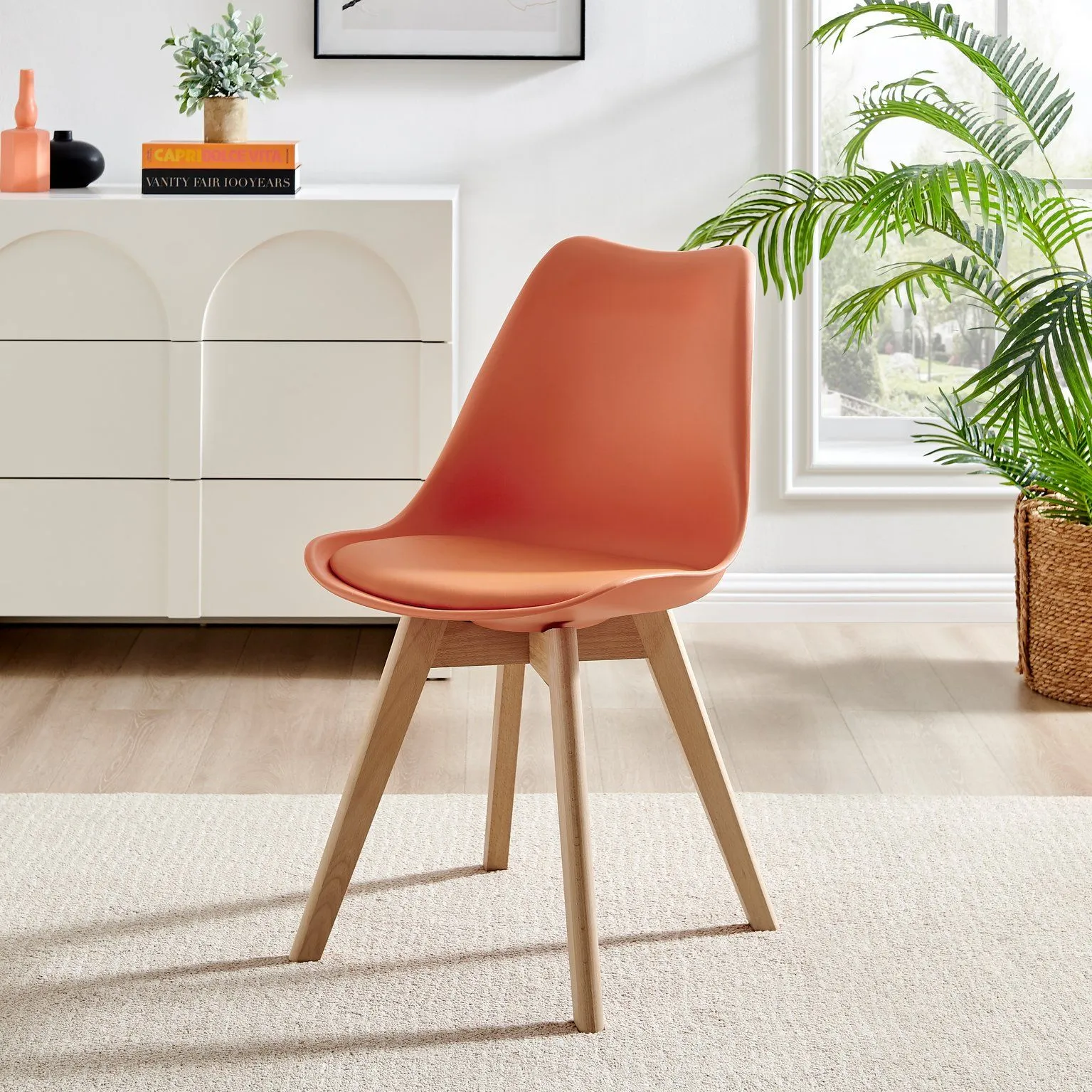 FurnitureboxUK Set of 2 Stockholm Natural Birch Wood Scandi Minimalist Dining Chairs with Faux Leather Cushion in Orange 5