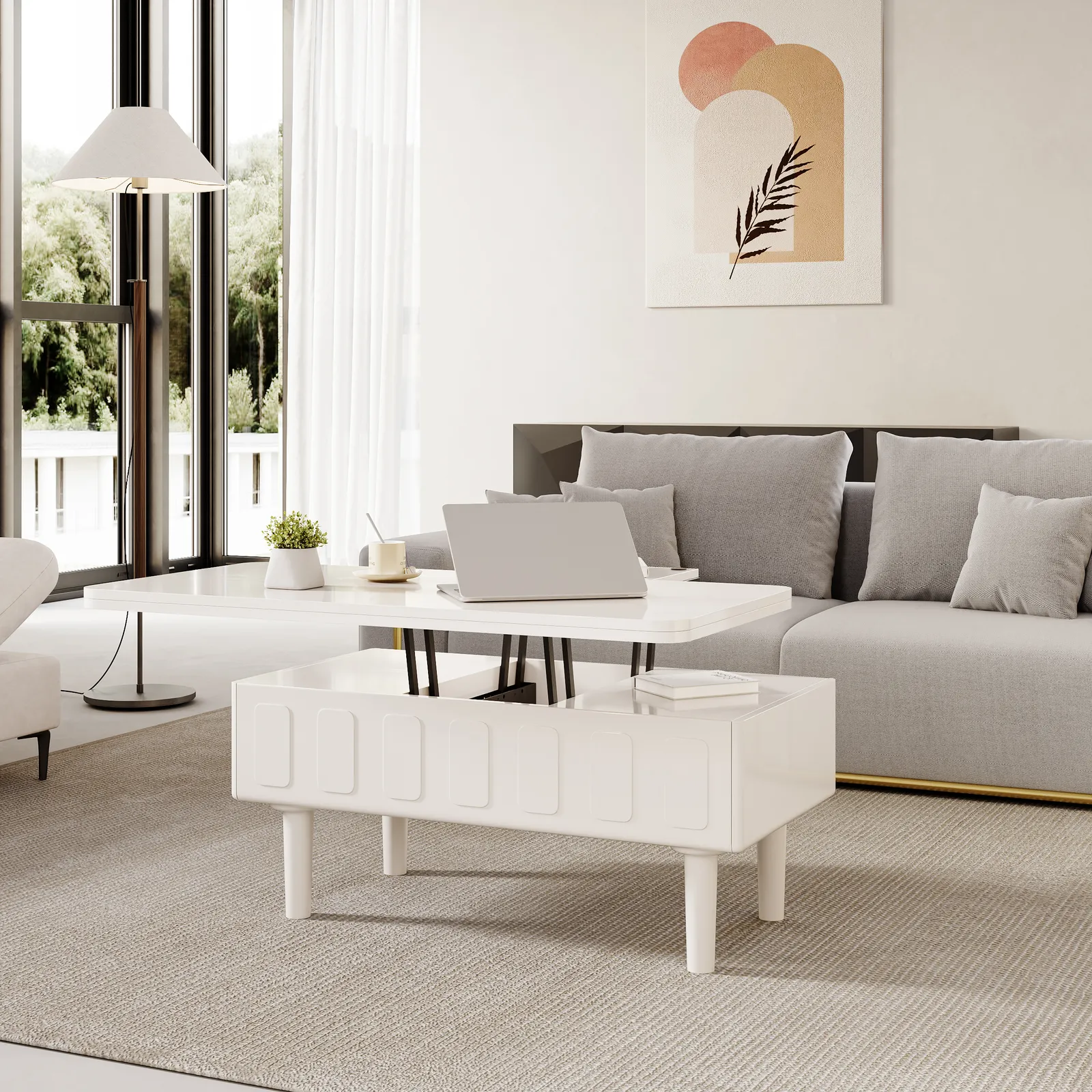 Modern White Lift Top Coffee Table Extendable with Storage
