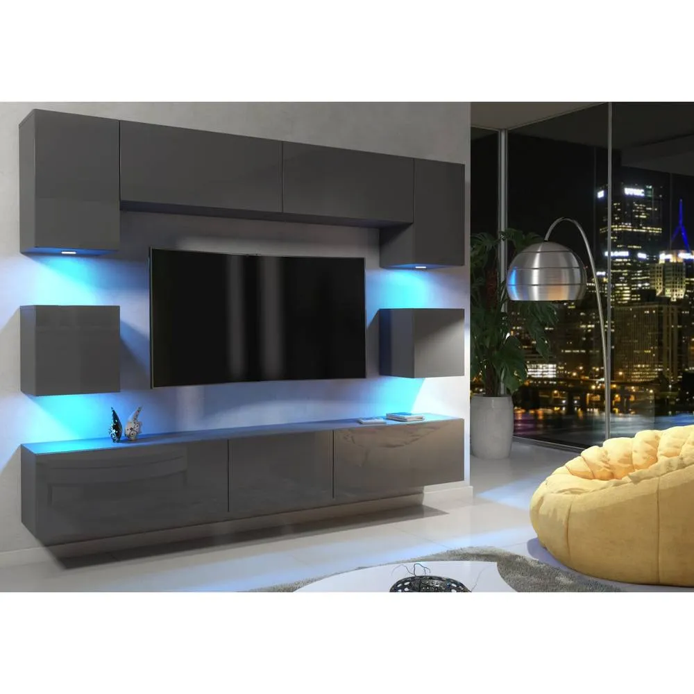 Creative Furniture Panorama Wall TV Unit - Dark Grey with Gloss Doors & LED Lights 4