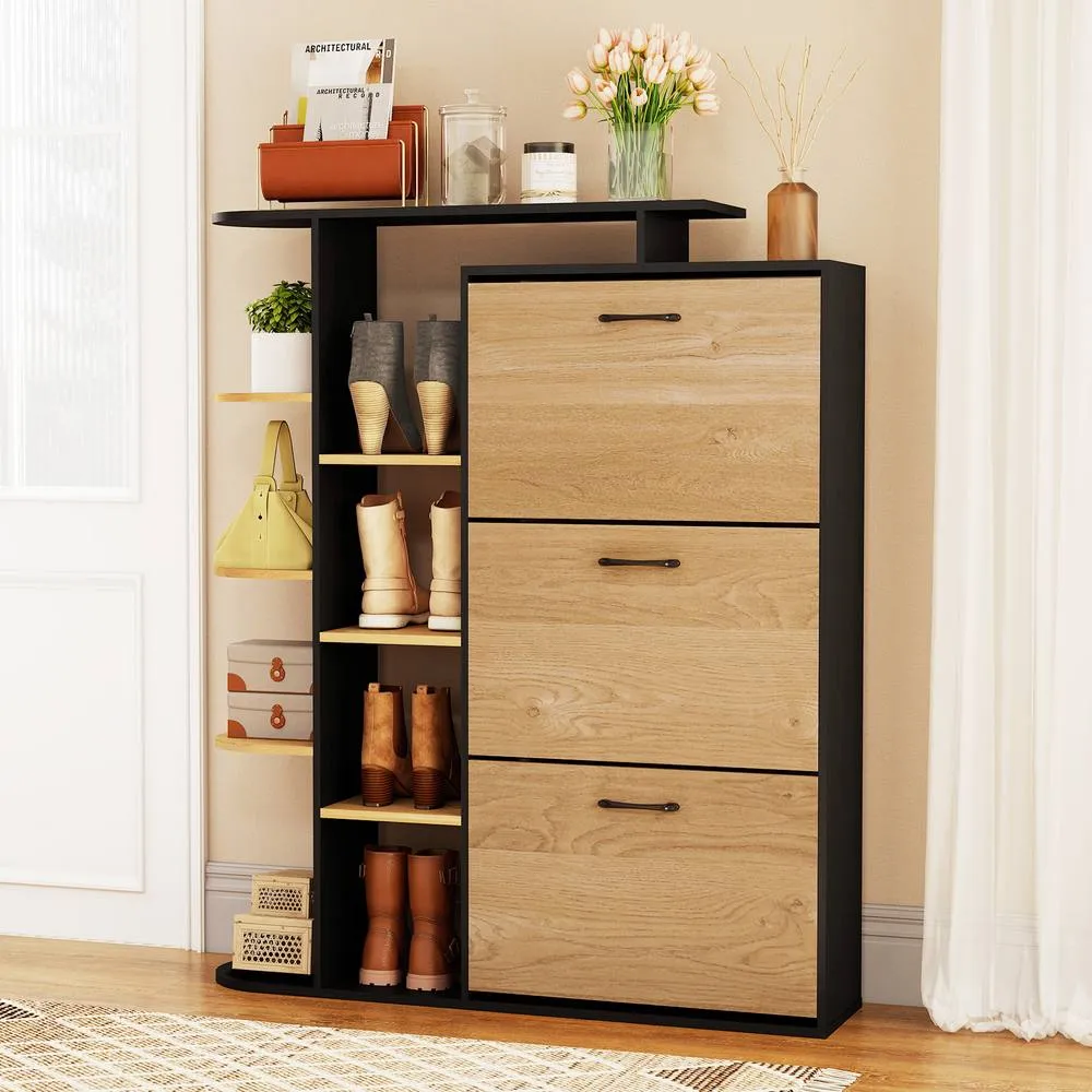 Costway Shoe Storage Cabinet Free Organizer w/ 3 Flip Drawers 8 Shelves in Black 2