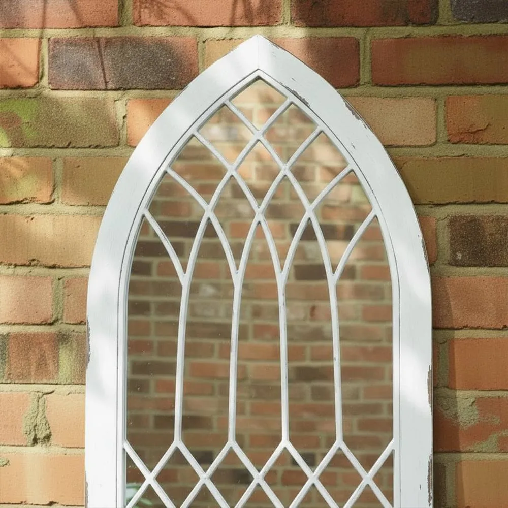 Melody Maison Arched White Distressed Chapel Fretwork Garden Mirror - 47cm X 142cm 2