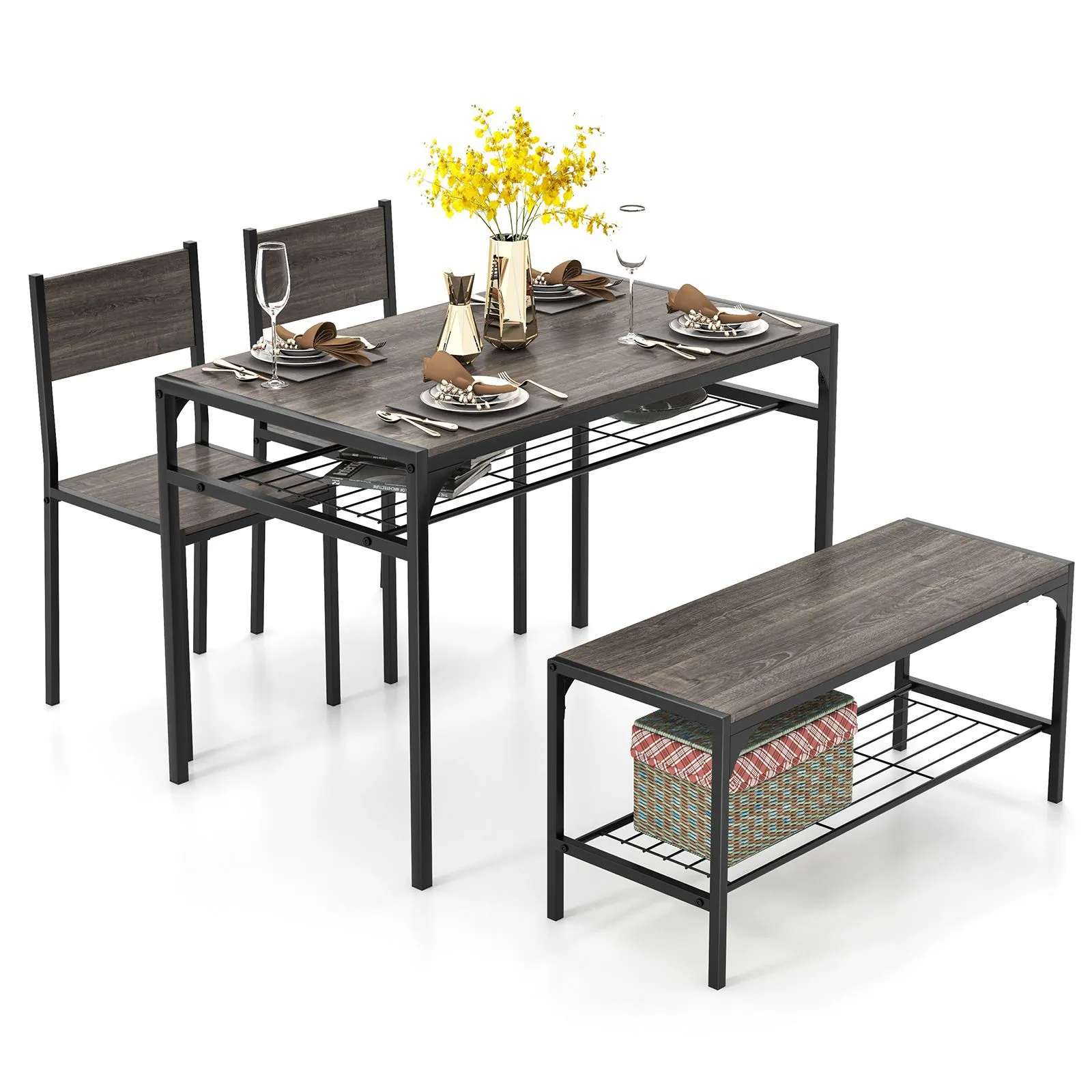 Costway 4PCS Dining Table Set for 4 Industrial Rectangular Kitchen Table with Chairs & Bench Metal Frame in Grey 5