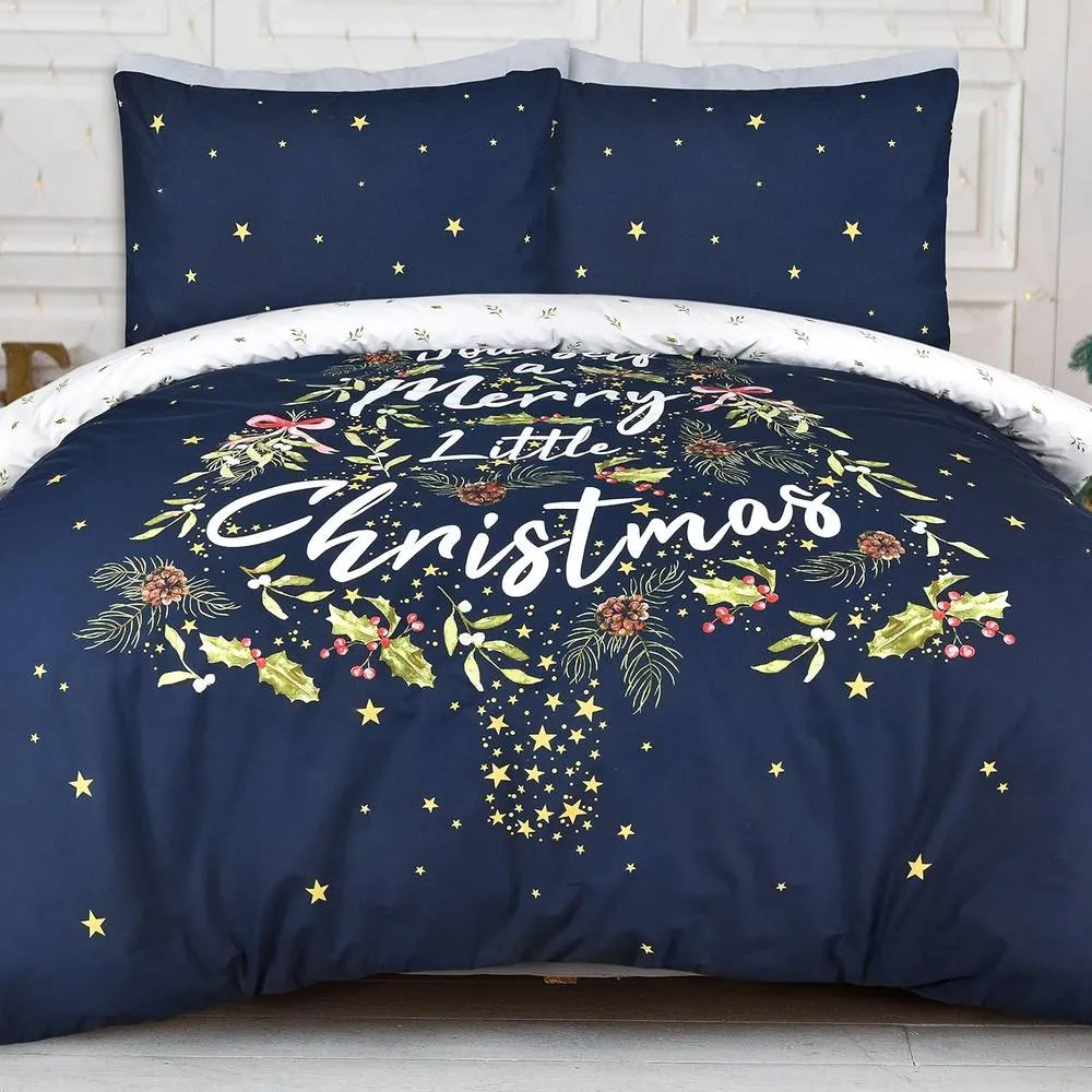 Smart Living Printed Little Christmas HollyTree Reversible Duvet Cover & Pillowcase in Navy