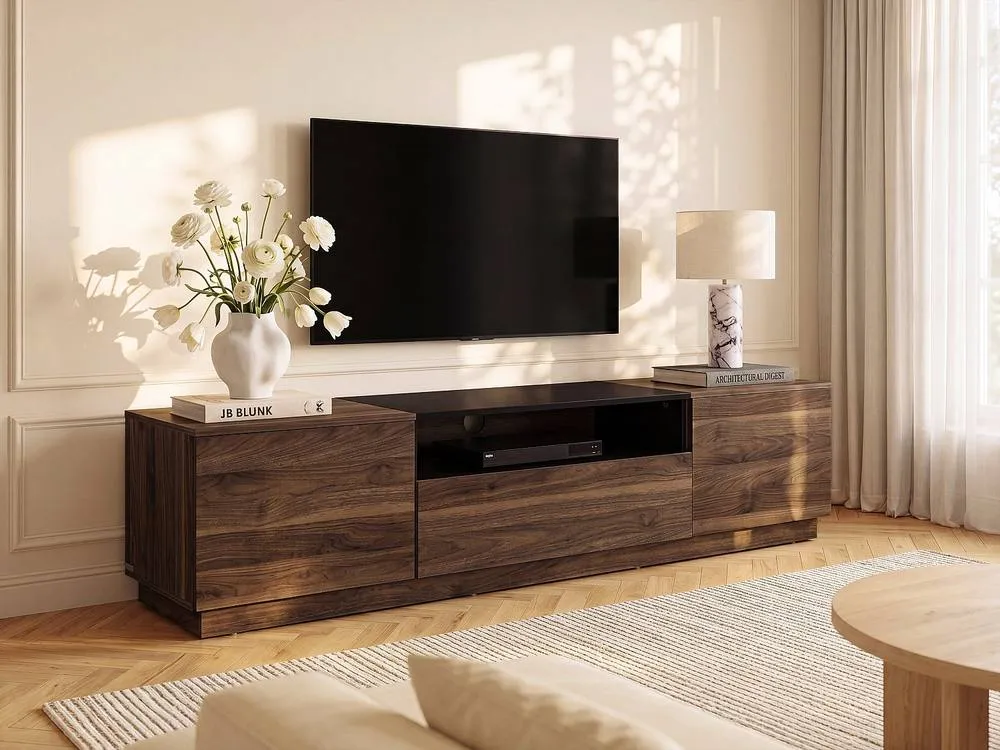 Vente-unique TV Unit With 2 Doors, 1 Drawer & 1 Niche - Dark Natural & Black
