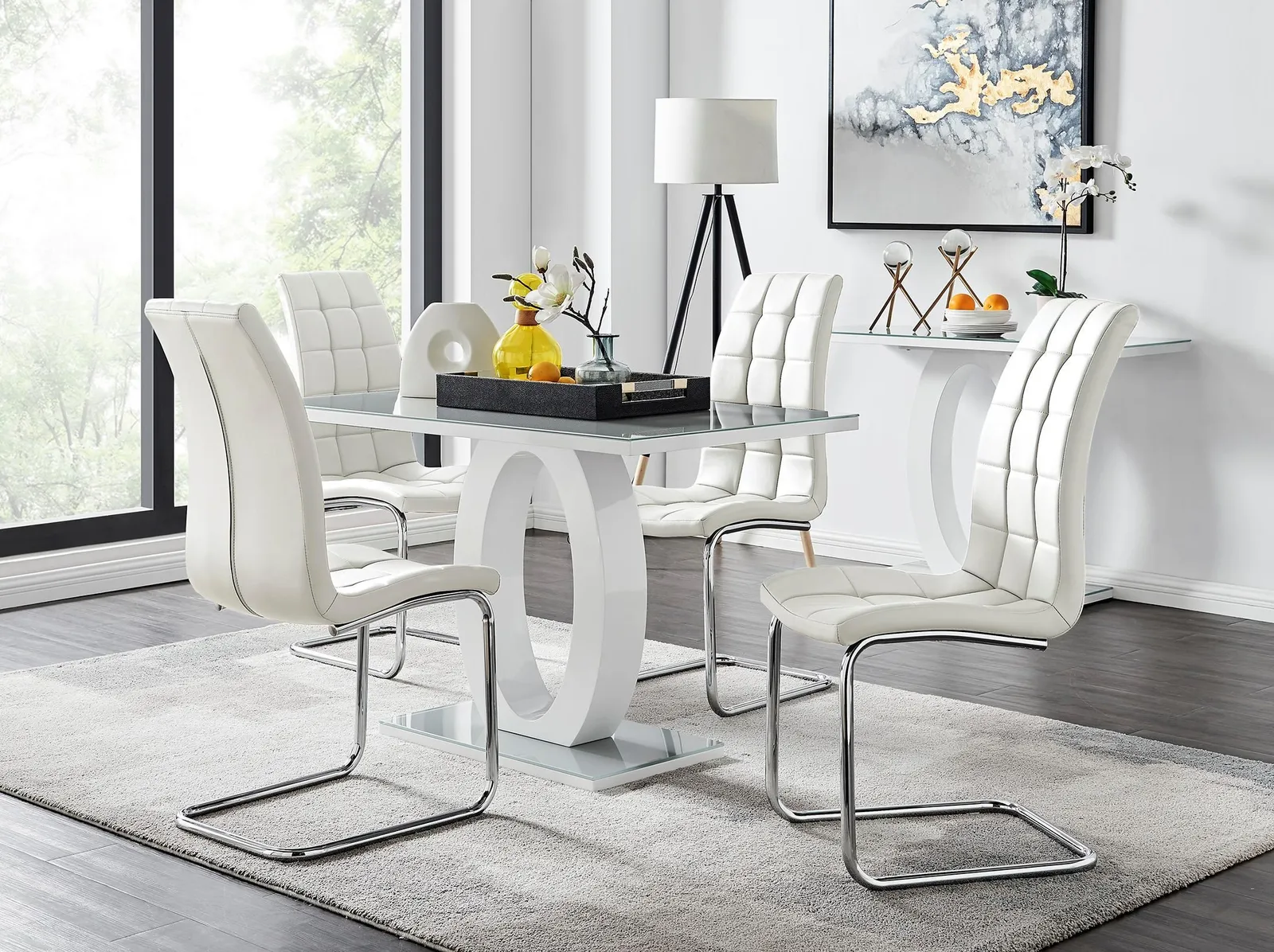 FurnitureboxUK Giovani Grey White Modern High Gloss & Glass Dining Table & 4 Murano Chairs Set in Off-White 1