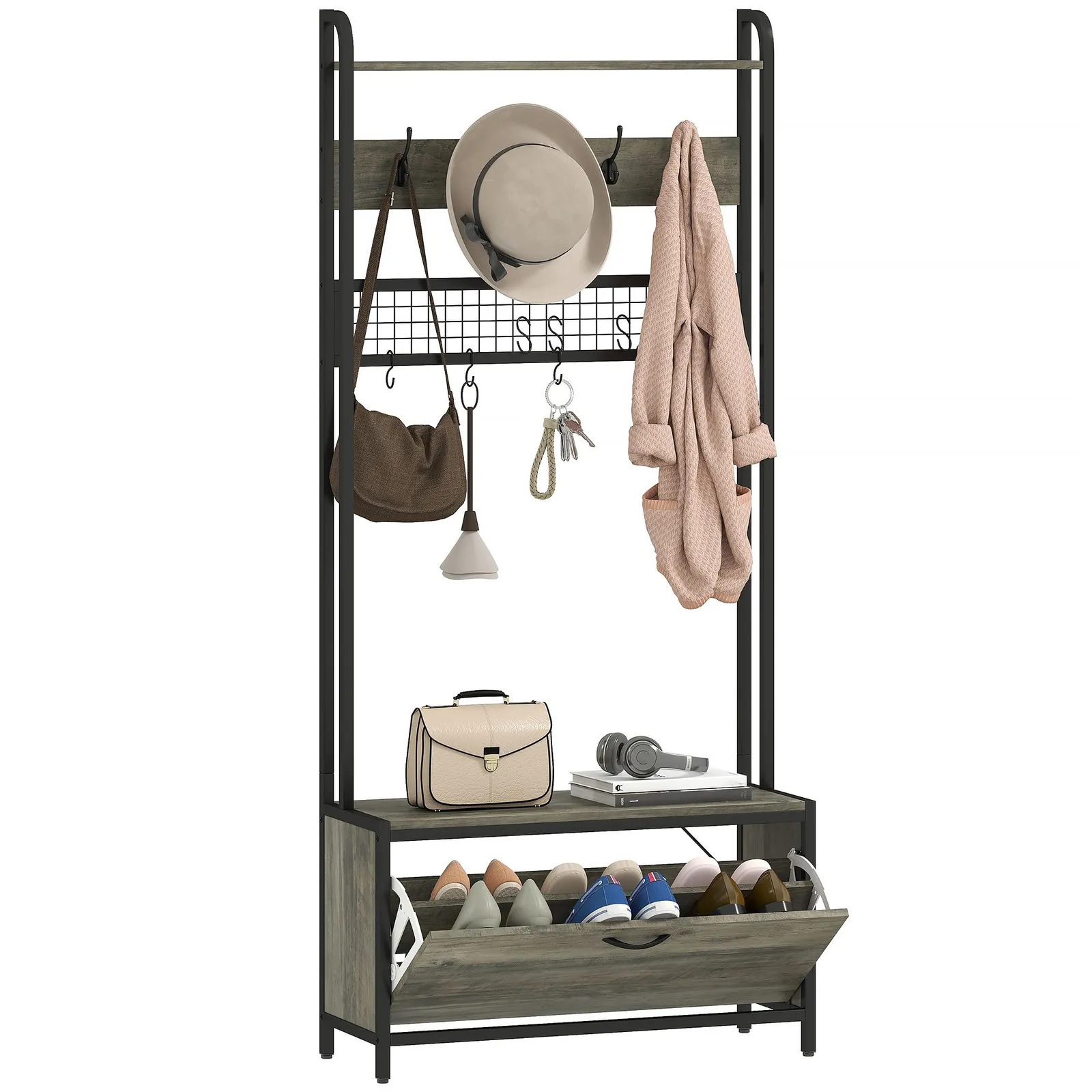 HOMCOM Industrial Hall Tree Coat Rack Stand with Shoe Cabinet in Grey 2