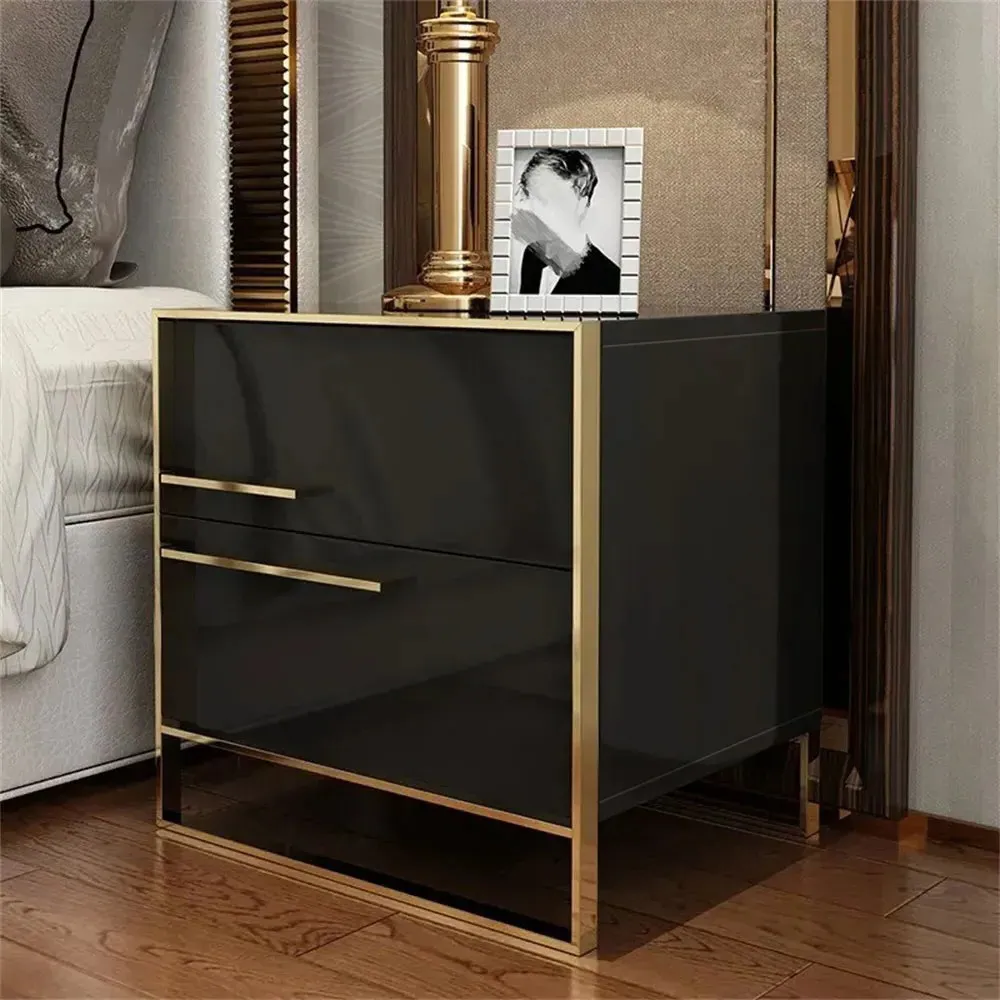 Cylina Modern 2 Drawers Black Lacquer Nightstand Square Bedside Table in Gold Set of 2