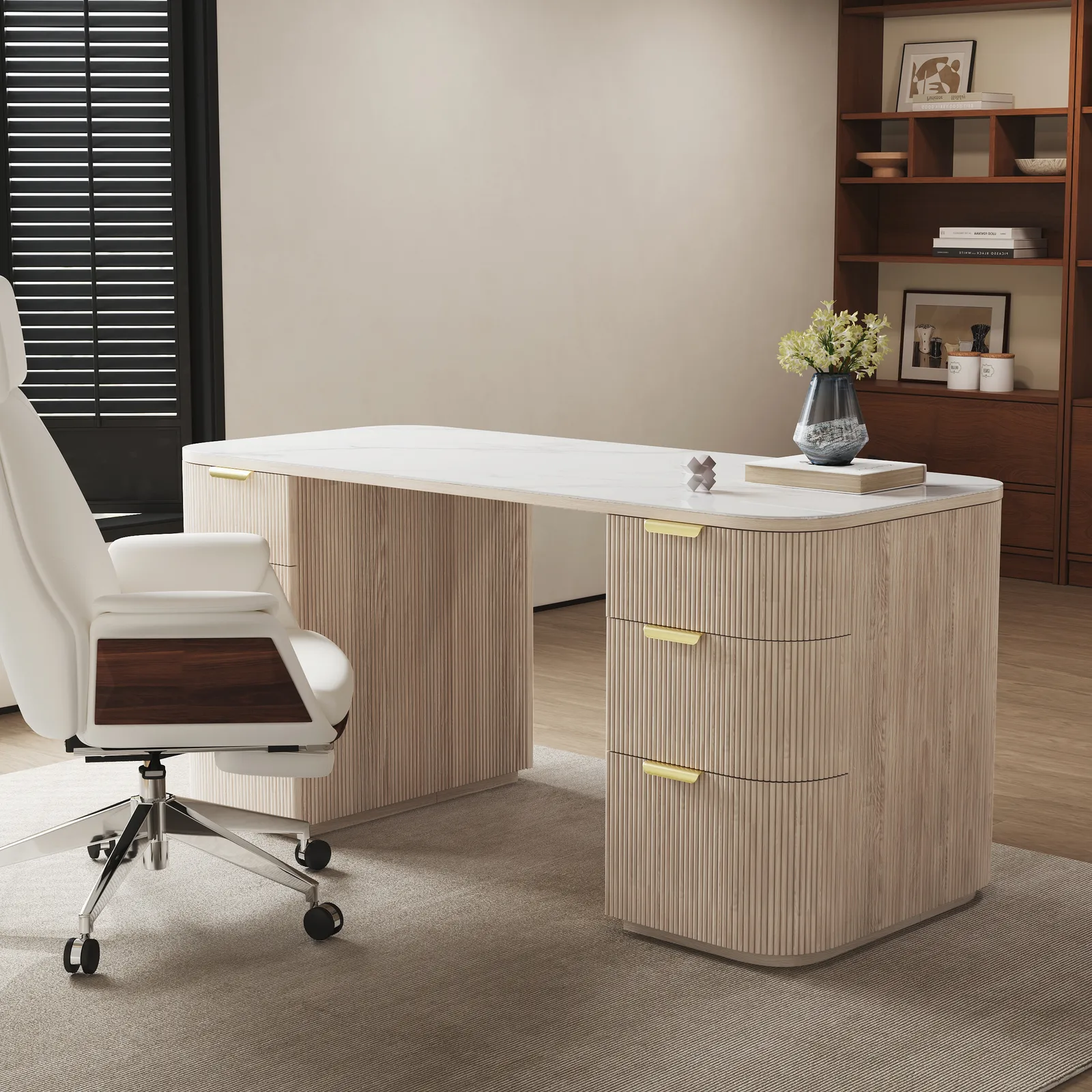 Modern Wash White Rectangle Desk & Reclining Leather Office Desk Chair (63.8")
