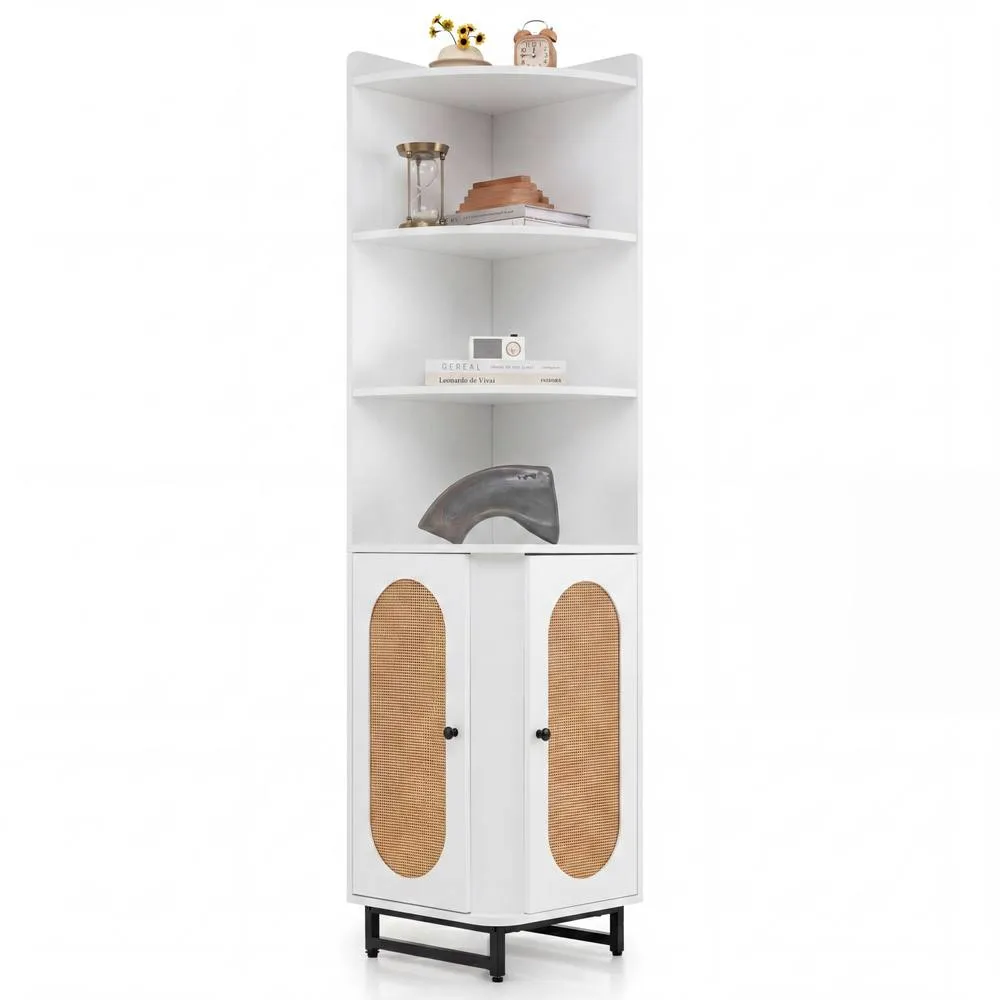 Costway PE Rattan Corner Cabinet 172cm Tall Corner Bookcase w/2 Doors &Shelves in White