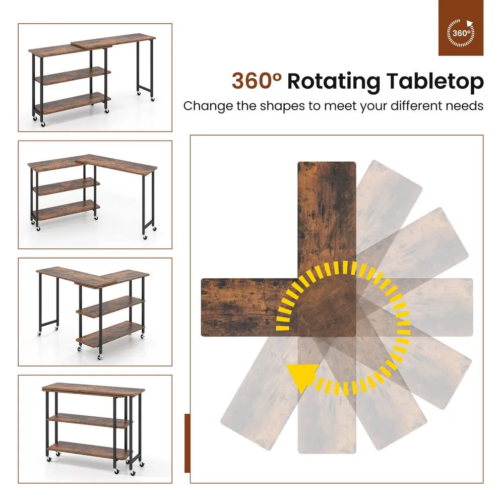 Costway L shaped Mobile 360 Rotating Corner Computer Desk Laptop Computer PC Desk Home Office in Brown 6