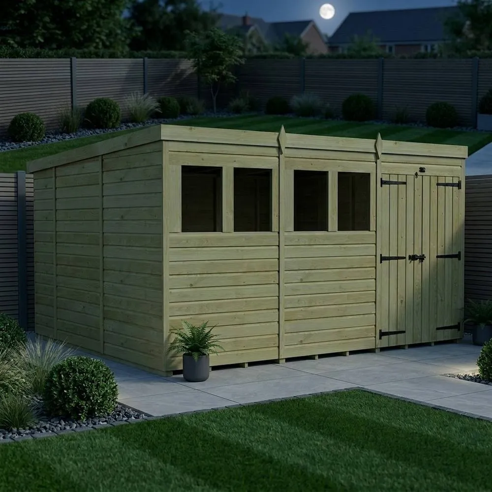 Buttercup Farm 12ft x 10ft Pent Garden Shed Double Door With Windows - Timber in Brown 3