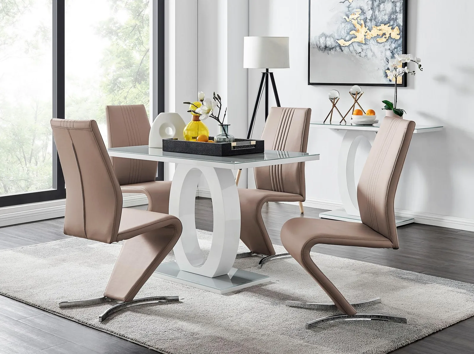 FurnitureboxUK Giovani Grey White Modern High Gloss & Glass Dining Table & 4 Willow Chairs Set in Beige 1