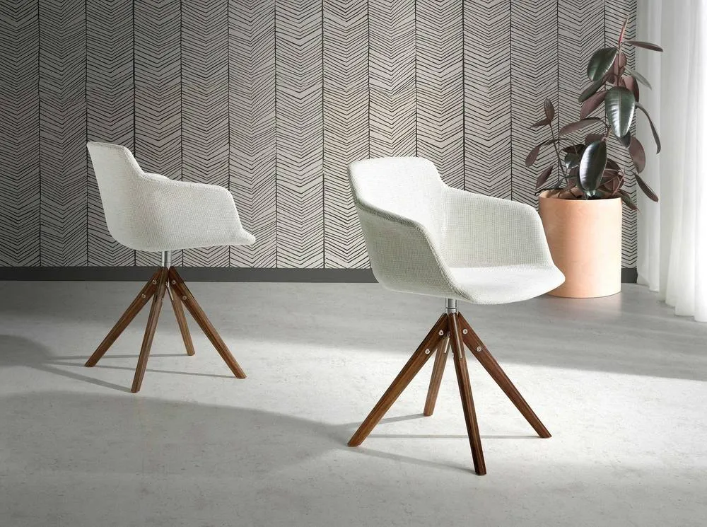 Angel Cerda Swivel Dining Chair, Beige Fabric, Walnut Legs 3