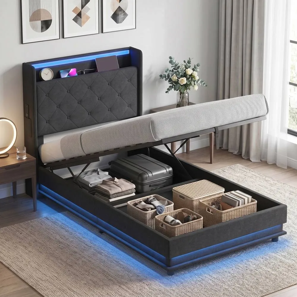 HOMCOM Lift up Storage Bed Frame with RGB LED Lights, 90 x 190cm, Black 2