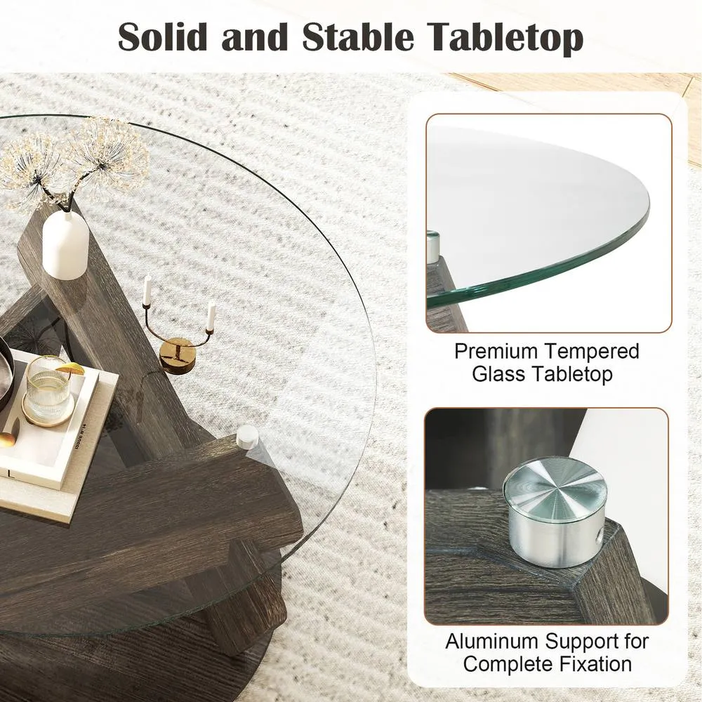 Costway Round Glass Coffee Table 81cm Modern Center Table-Grey in Dark Brown 2
