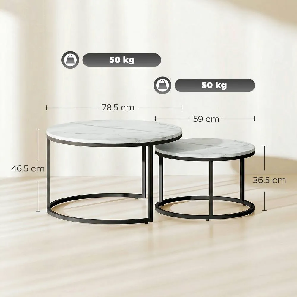 HOMCOM 2 Pcs Stacking Coffee Table Set Steel Frame in White 3