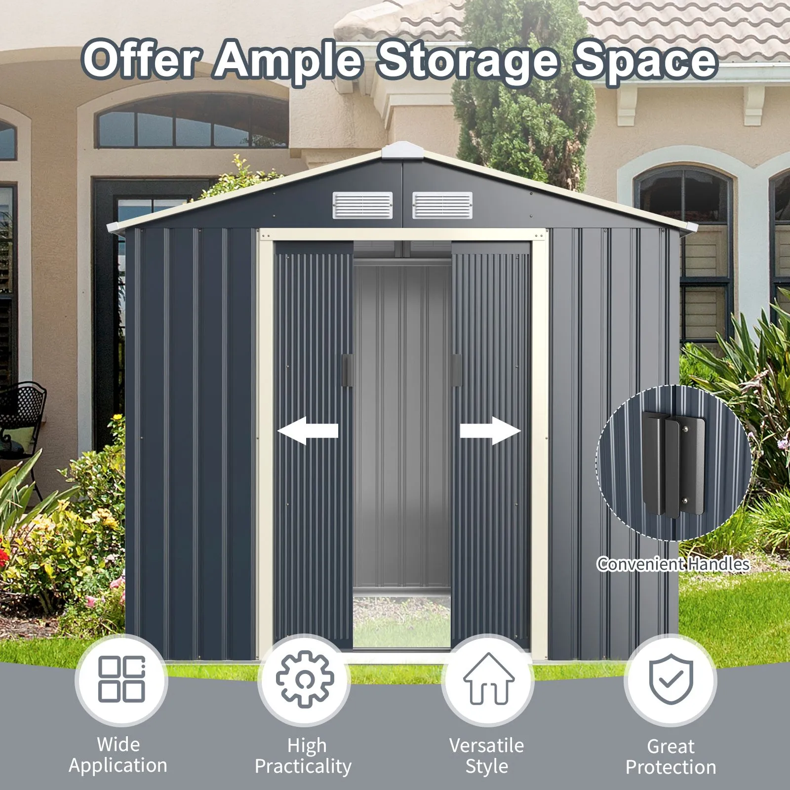 Costway 7 x 4FT Metal Garden Storage Shed Galvanized Tool Storage House w/ Lockable Doors in Grey 4