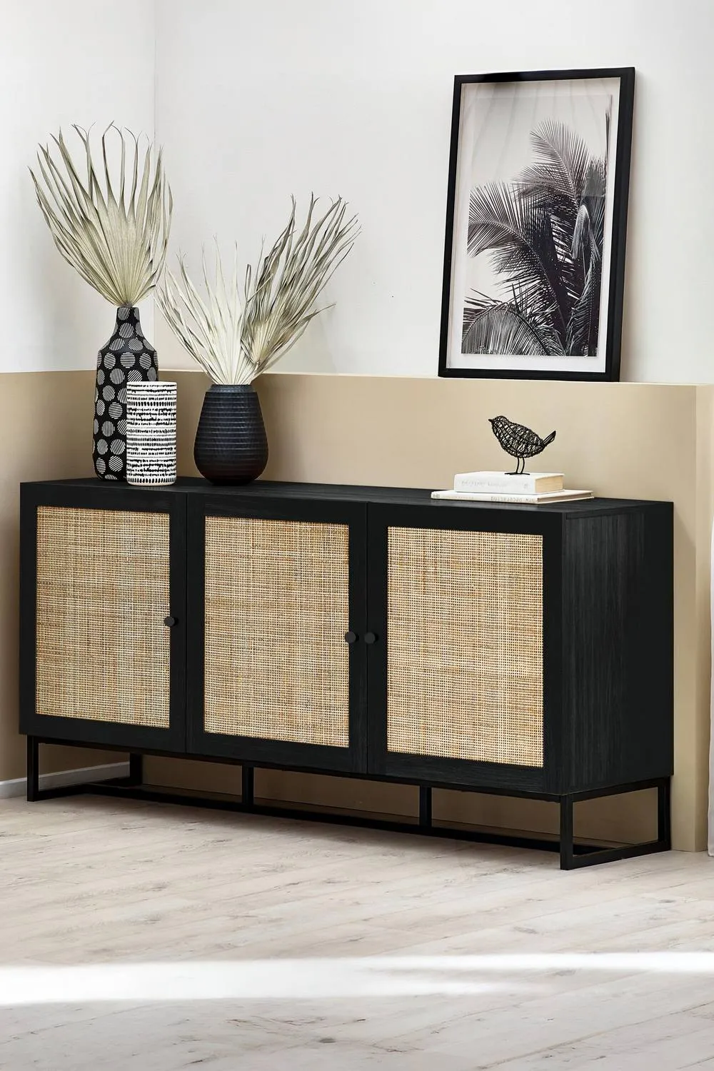 Julian Bowen Padstow Rattan 3 Door Sideboard in Black
