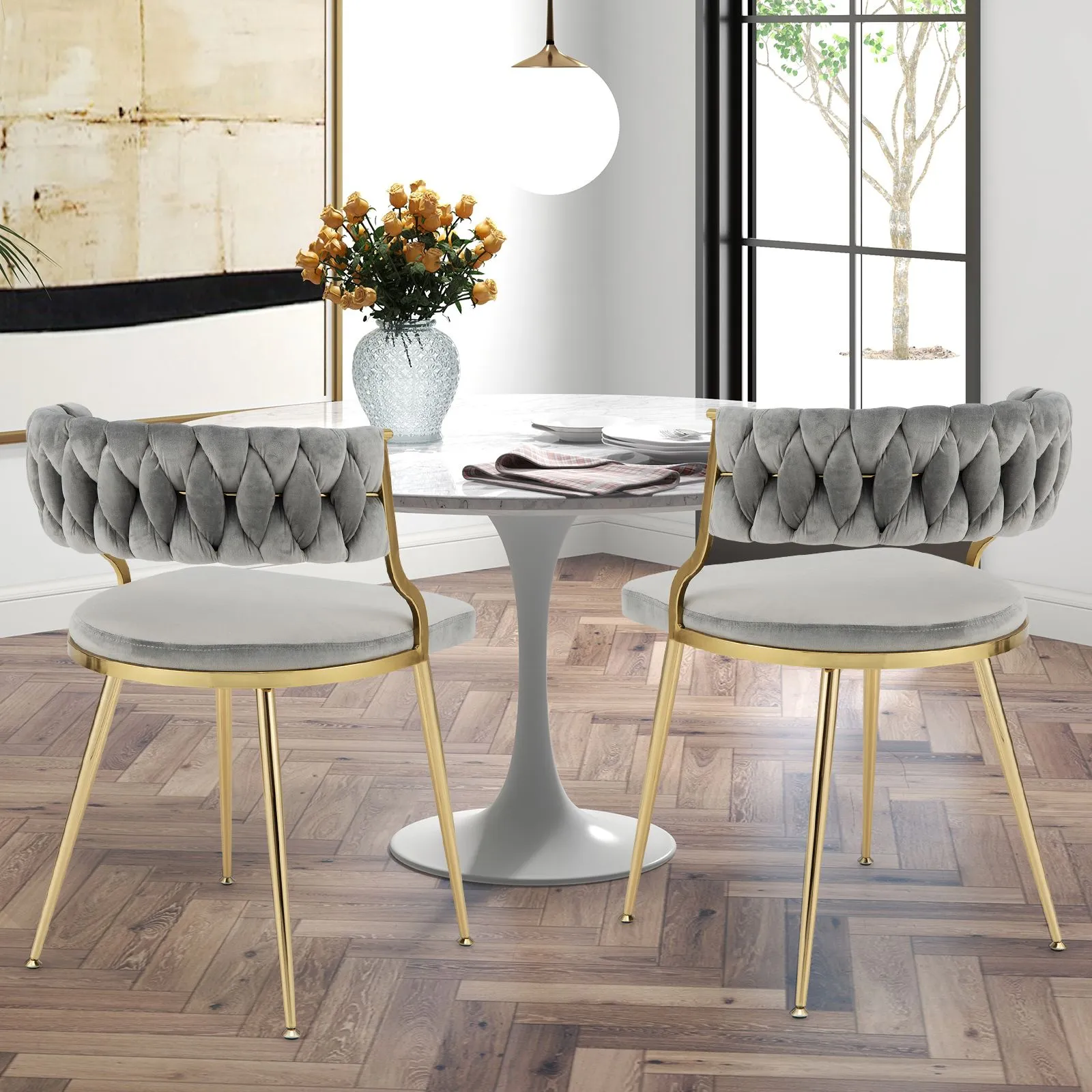 Costway Set of 2 Dining Chairs Upholstered Armless Velvet Accent Chair With Woven Back in Grey 5