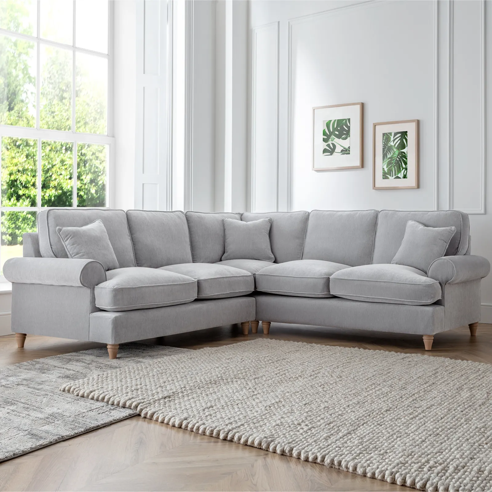 The Great Sofa Company Ezra Large Textured Velvet Corner Sofa - Scroll Arm in Light Grey 1