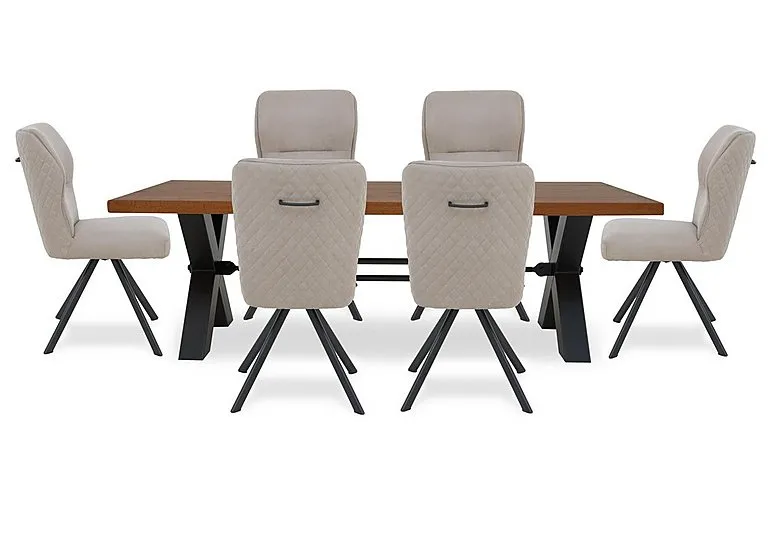 Terra Straight Edge Dining Table with Tension Bolt X-Leg and 6 Taupe Fabric Swivel Chairs - 220-cm - Old Bassano