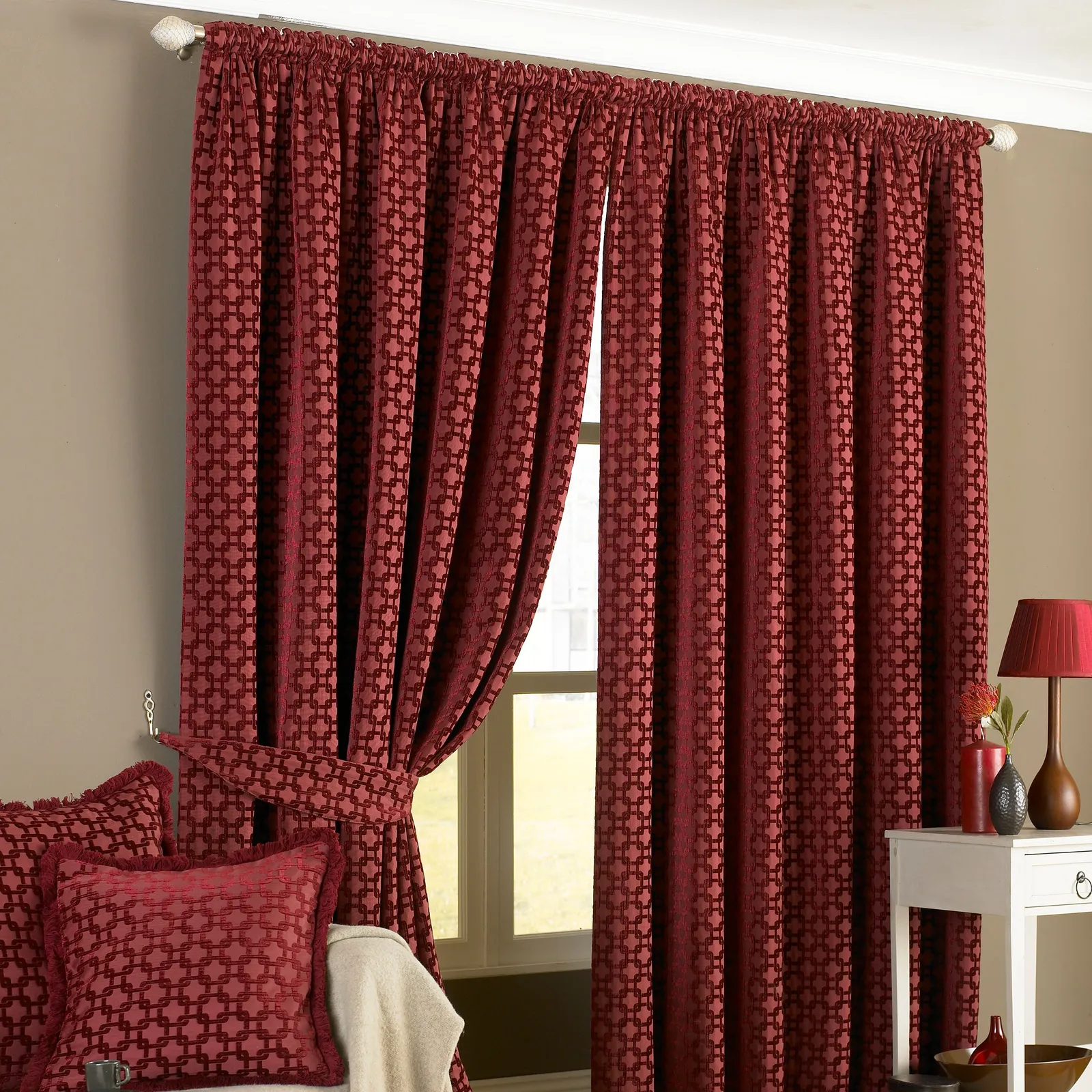 Paoletti Belmont Geometric Jacquard Pencil Pleat Curtains in Red