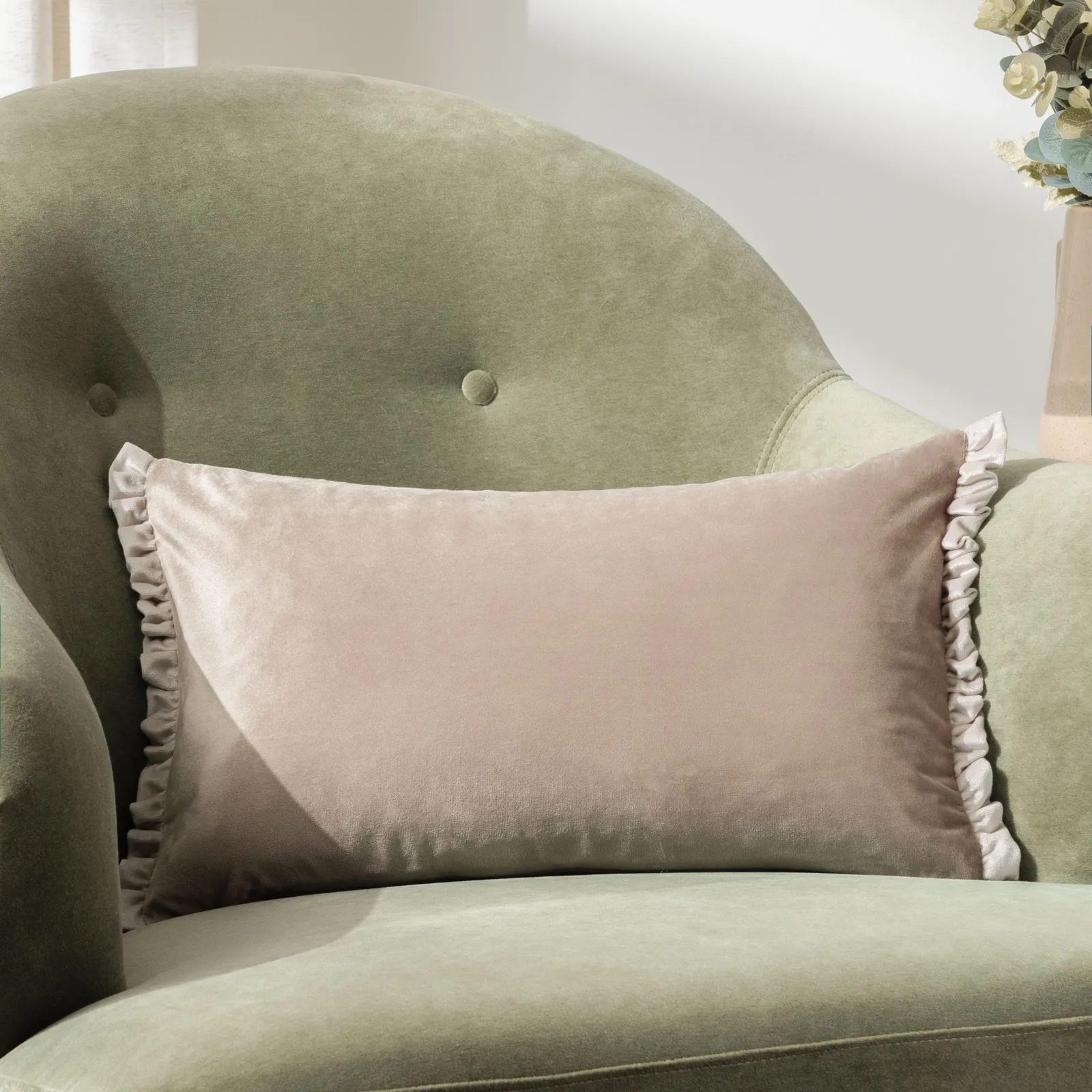 Wylder Tilly Velvet Frill Reversible Cushion in Beige 1