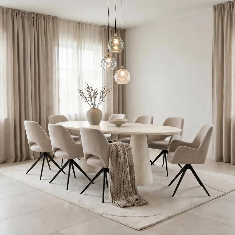 FurnitureboxUK Palma Oval Cream Marble Effect Dining Table & 8 Layla Swivel Chairs
