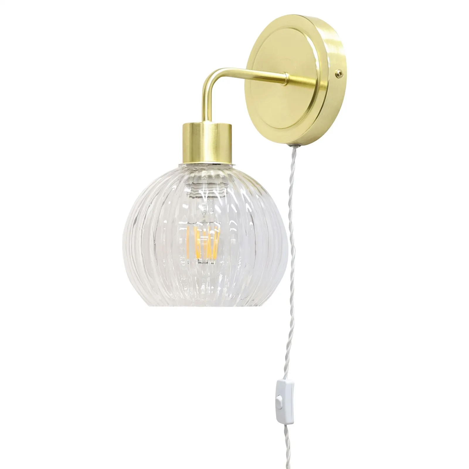 First Choice Lighting Set of 2 Toby - Satin Brass Plug in Wall Lights Clear Ribbed Shades in Gold 2