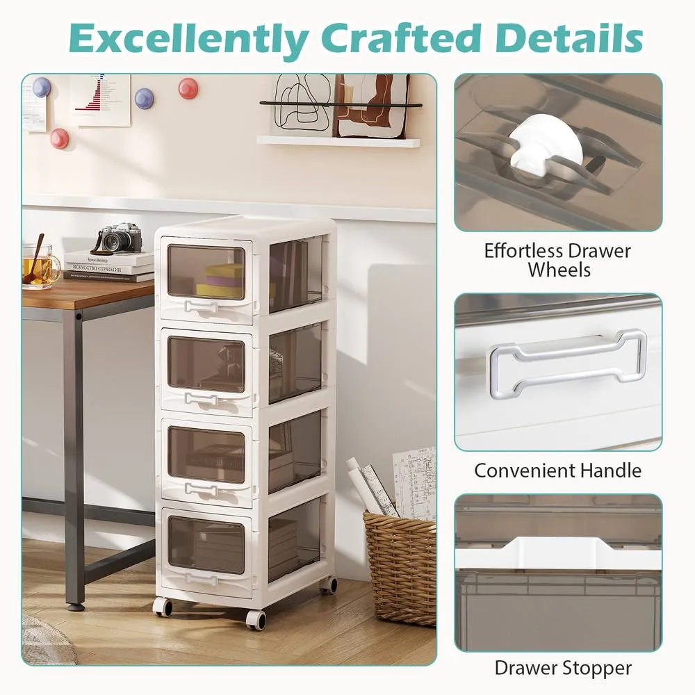 Costway 4-Tier Plastic Drawer Storage Organizer Rolling Cart Utility Cart w/ in White 5
