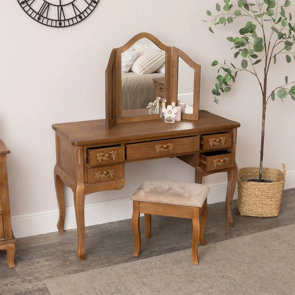 Melody Maison Wooden Dressing Table With Triple Mirror & Stool - Pays Du Bois Range in Brown 2