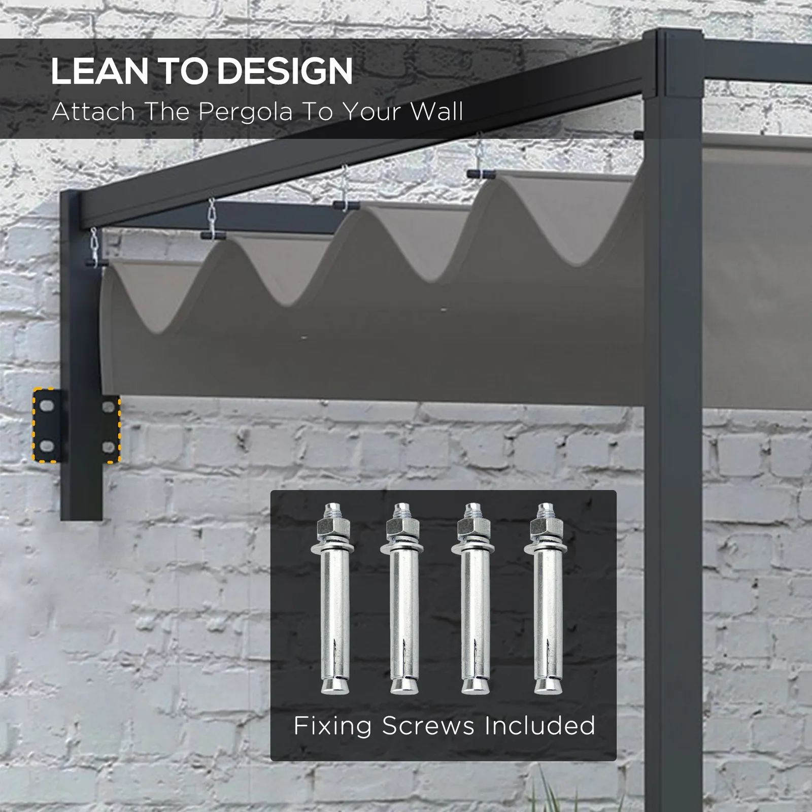 OUTSUNNY Wall Mounted Pergola with Retractable Sun Shade Canopy in Dark Grey 4