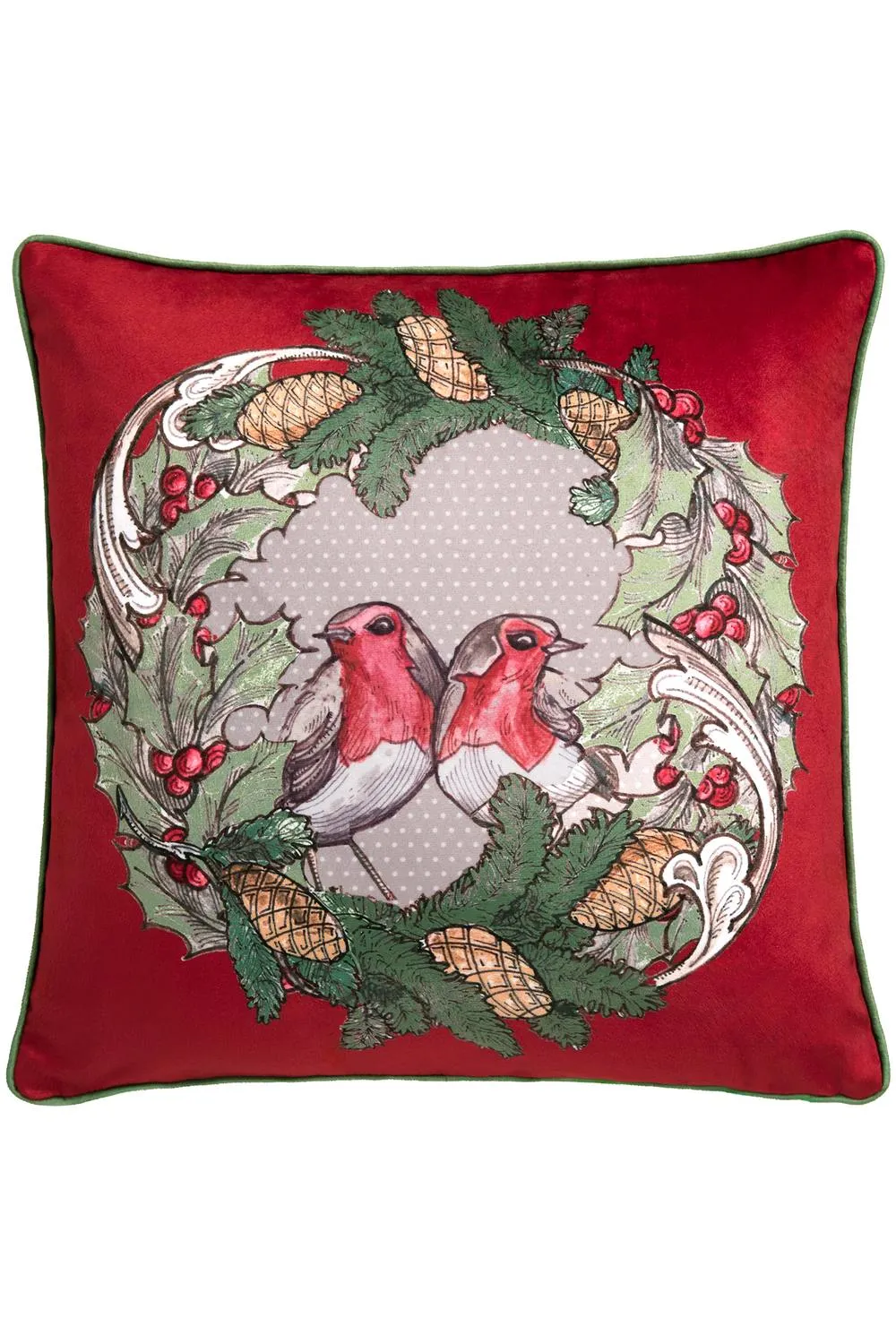 Laurence Llewelyn-Bowen 'Festive Robin' Velvet Chirstmas Filled Cushion in Red 2
