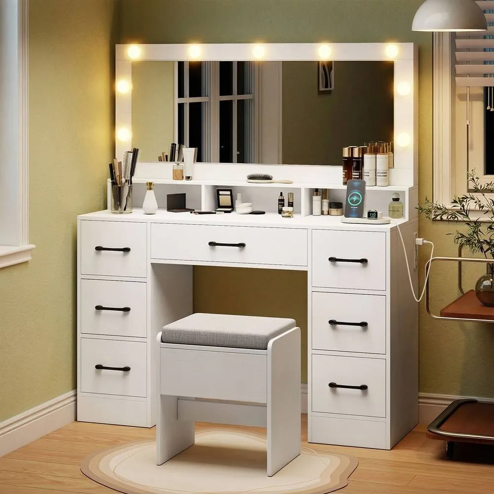 Costway Vanity Desk with Mirror & Lights Makeup Table with 7 Drawers in White 5
