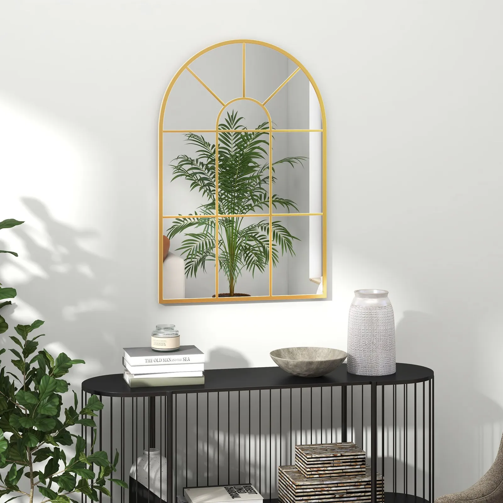 HOMCOM Modern Arched Window Wall Mirror for Bedroom, 91x60cm, Gold Tone