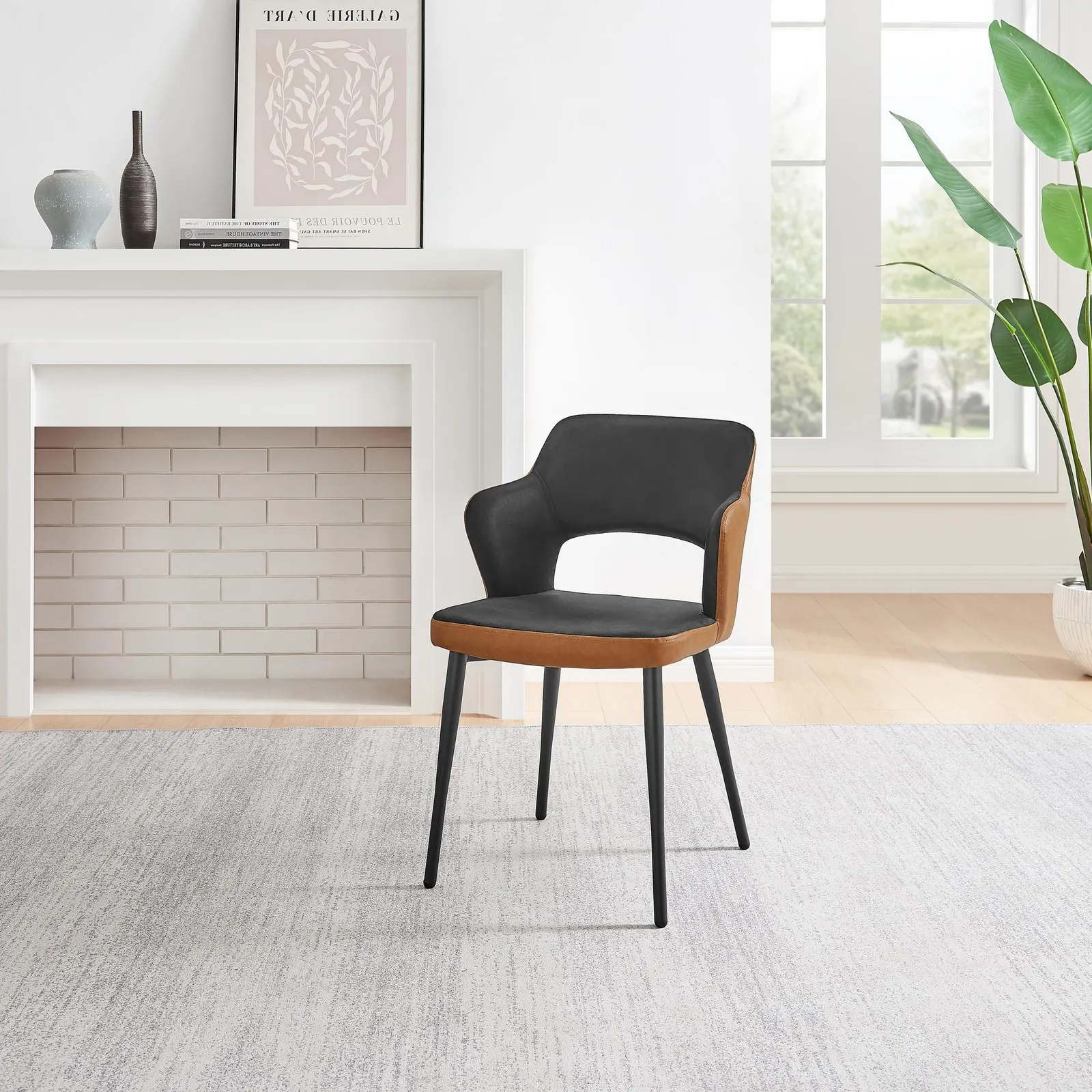 FurnitureboxUK Kai 2x Black Velvet Tan Faux Leather Black Leg Dining Chair 5