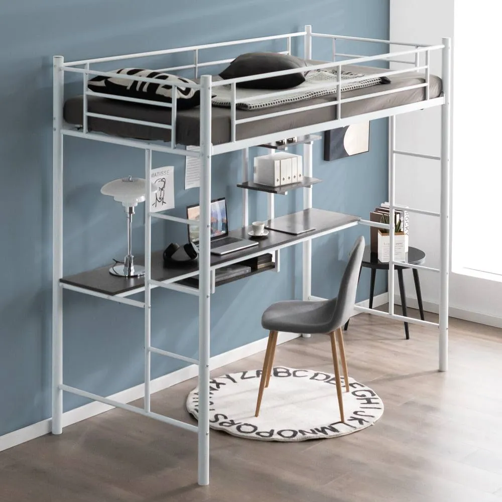 Costway 3.5FT Single Metal Loft Bed Frame High Sleeper Bunk Bed W/ Desk Storage Shelves in White 2