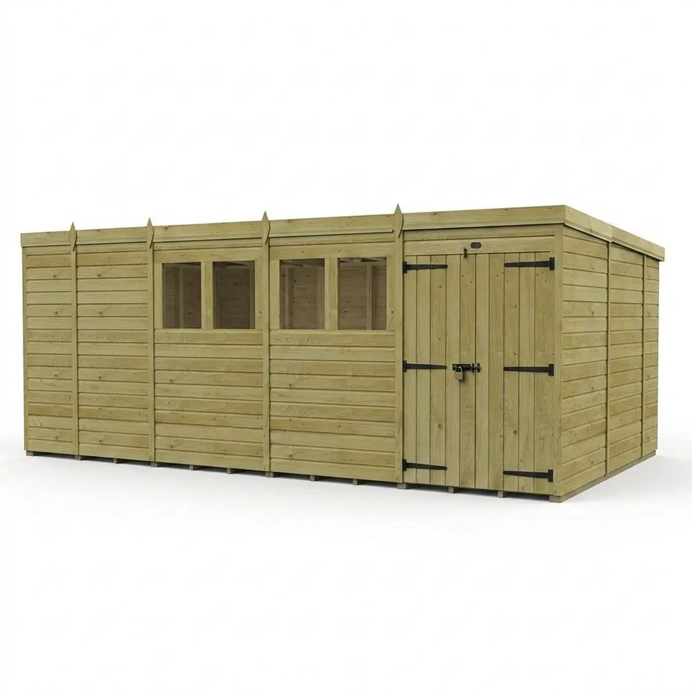 Buttercup Farm 17ft x 10ft Pent Garden Shed Double Door With Windows - Timber in Brown