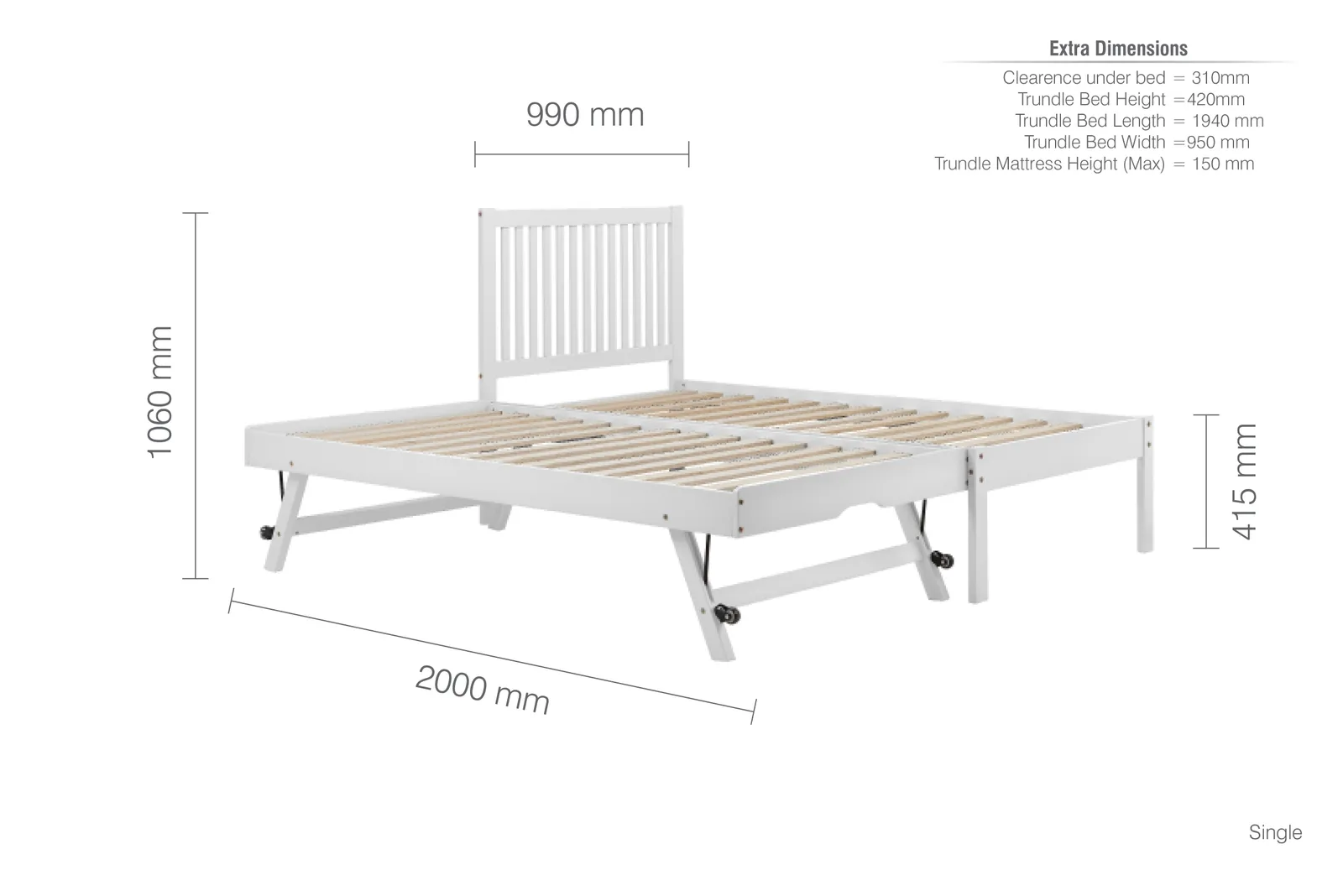 Birlea White Wood Guest Bed 2 mattresses Buxton Trundle Frame Hideaway Stop Over 6