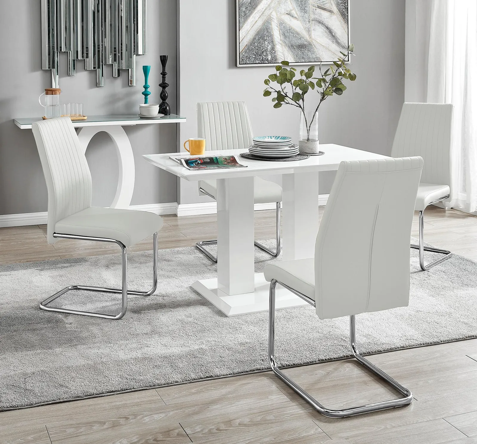FurnitureboxUK Imperia 4 Seater Modern White High Gloss Rectangular Dining Table & 4 Lorenzo Faux Leather Chairs