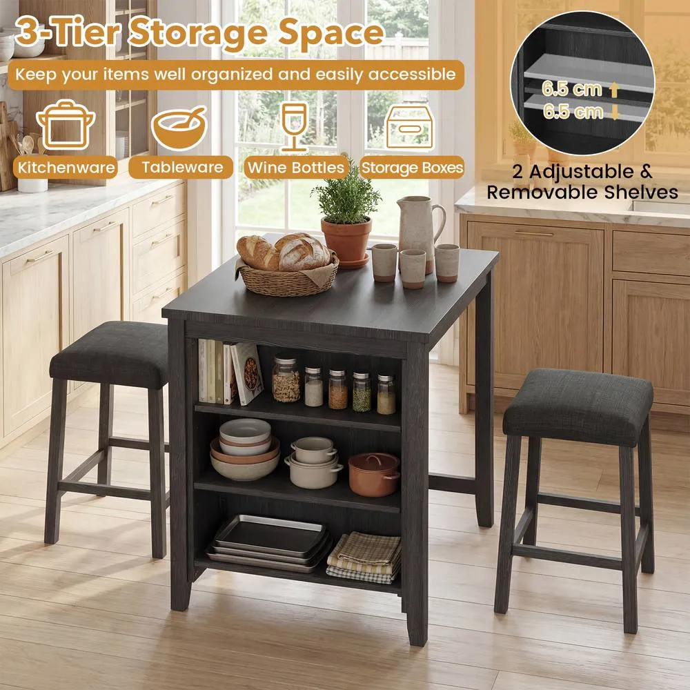 Costway 3PCS Bar Table Set Kitchen Dining Table w/ 2 Stools & Power Outlet in Black 6