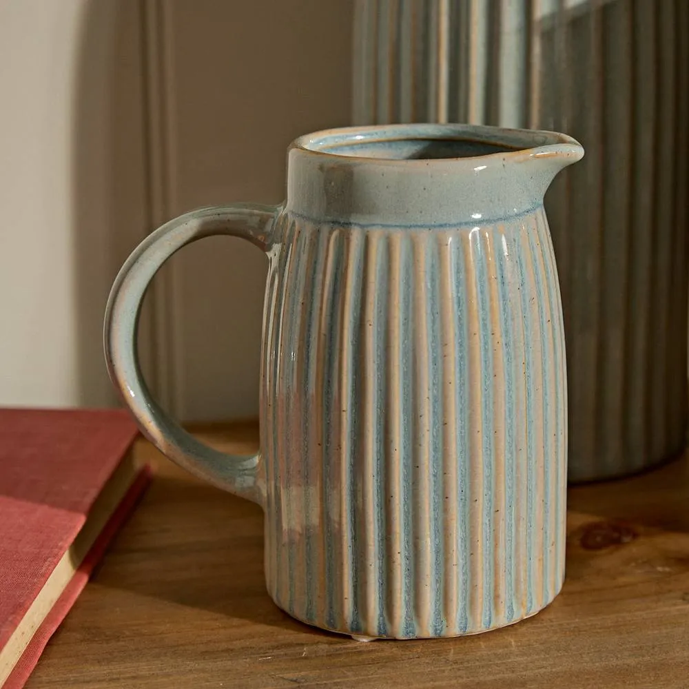 Dibor Ribbed Washed Blue Ceramic Pitcher Jug Set of 3 3