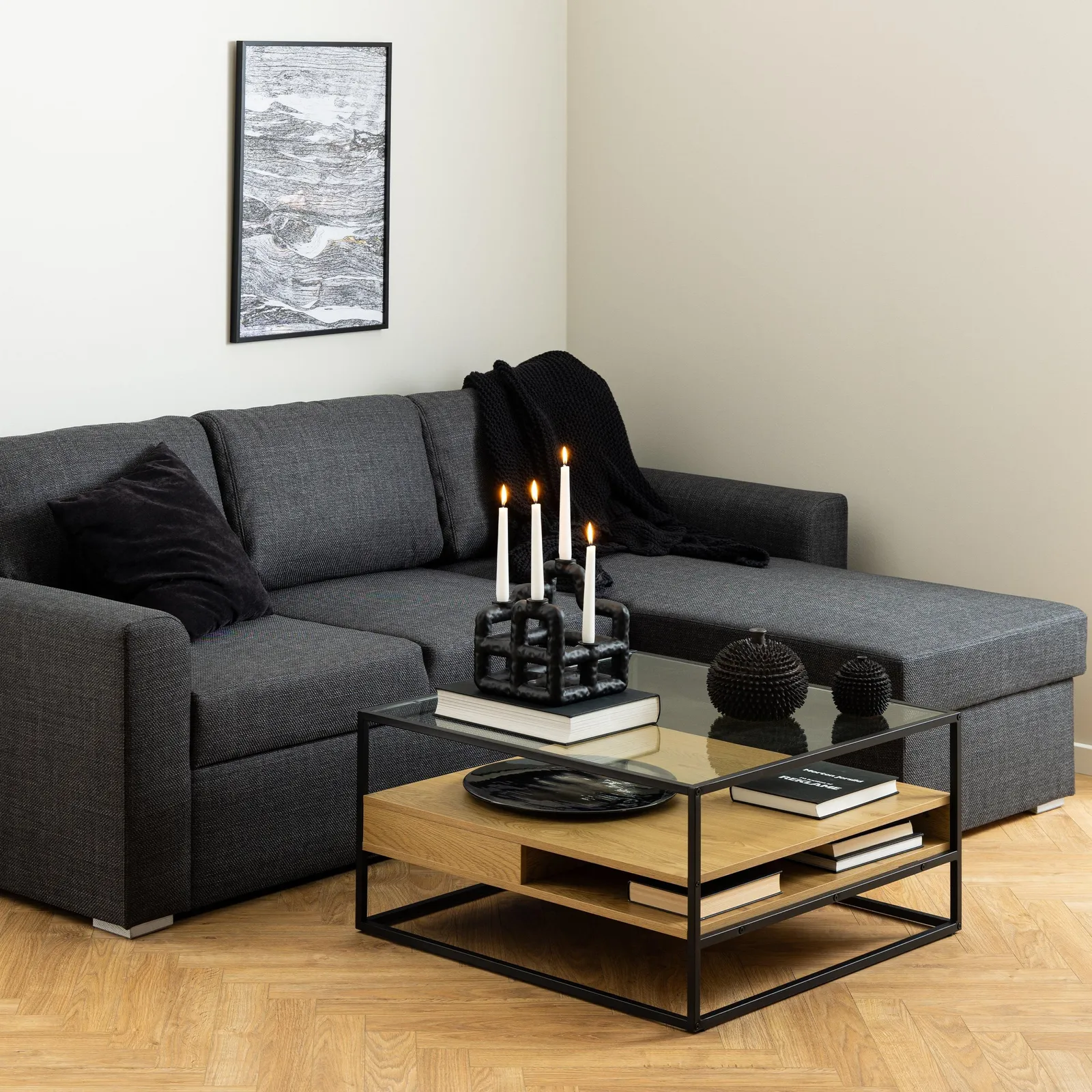 Furniture To Go Randolf Square Coffee Table with 2 Shelves in Black & Oak 3