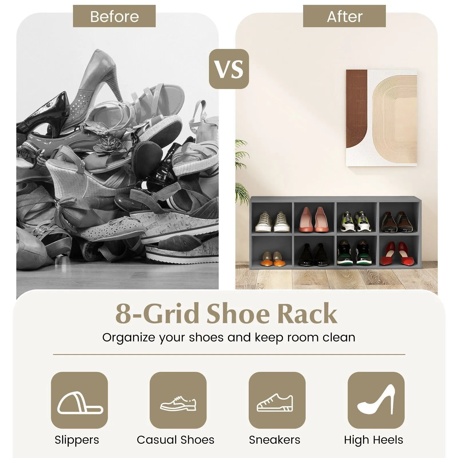 Costway 8-Cube Shoe Bench Entryway Shoe Rack Cabinet W/ 8 Storage Cubbies in Grey 4