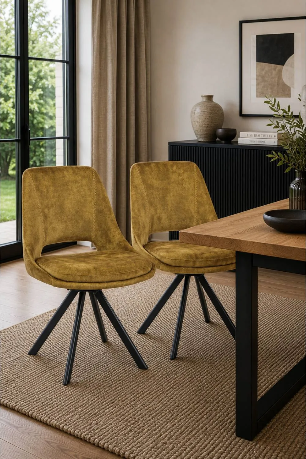 IH Design Flookburgh Mustard Velvet Swivel Dining Chairs Set of 2
